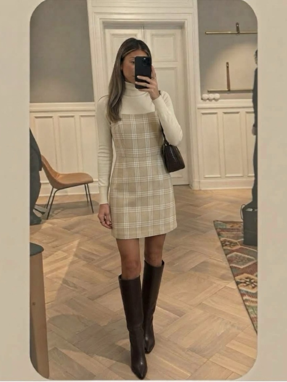 Wilfred Aritzia Isabelle Plaid Mini Dress Tan Cream Slip Cami Size 4